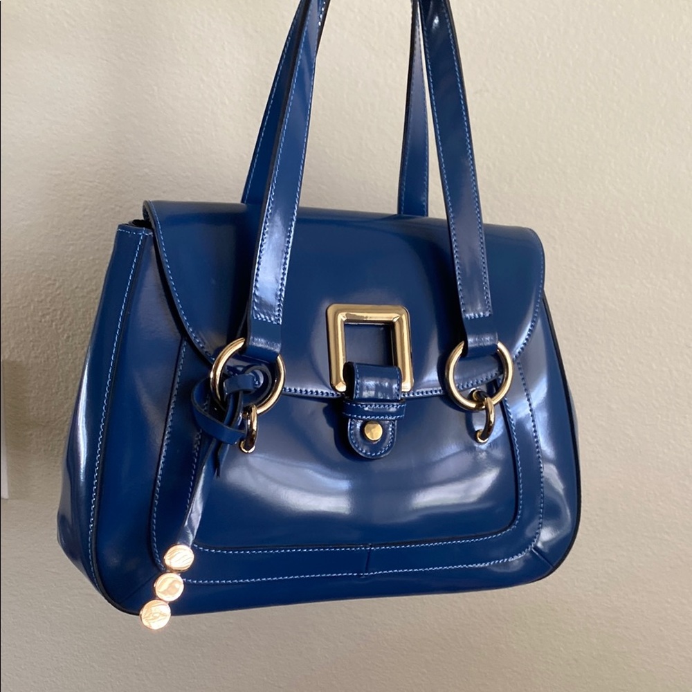 Asia Bellucci Patent Blue Leather Handbag Blue Shoulder Bag with Glossy